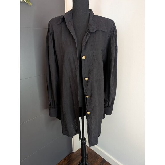 Vintage Laura Kidd Studios Black Gauzy Button-Up Tunic w/ Gold Shell Buttons: XL - Picture 1 of 12